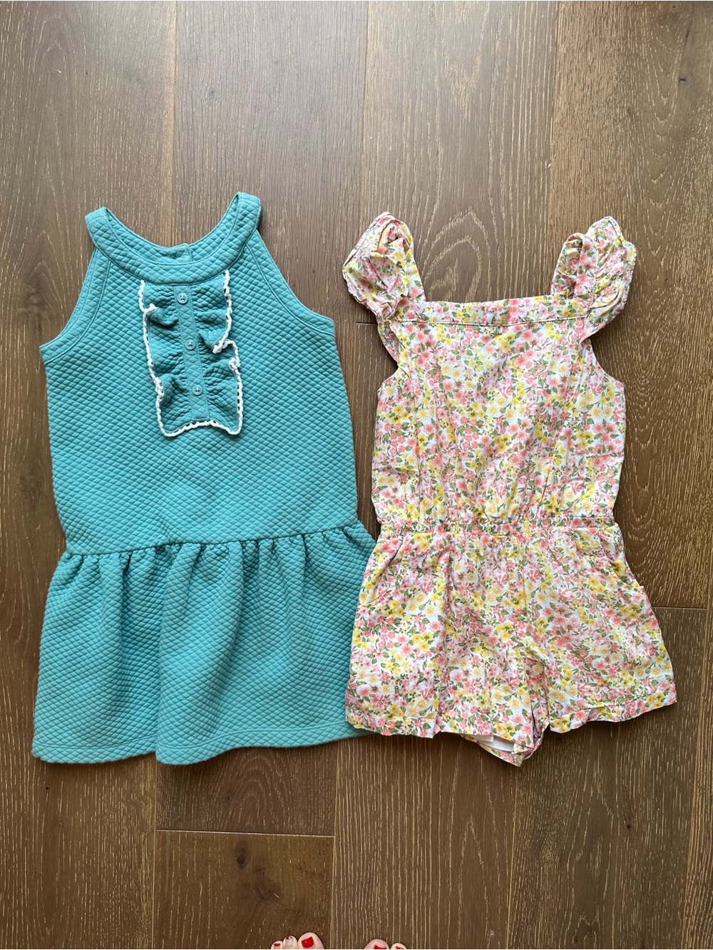 Janie and Jack quilted teal dress and yellow floral Romper Set